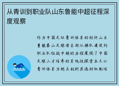 从青训到职业队山东鲁能中超征程深度观察